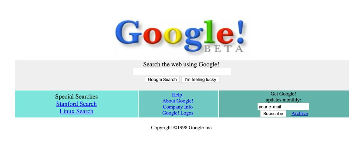 A screenshot of the Google search homepage in 1998